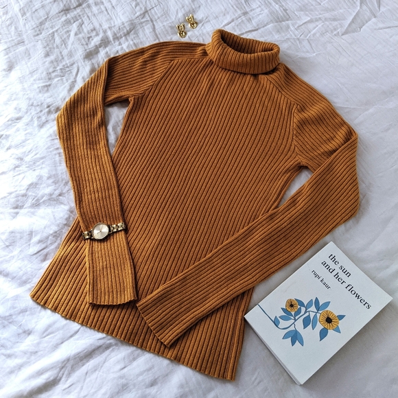 fine ribbed stretch turtleneck in mustard yellow - Picture 1 of 10